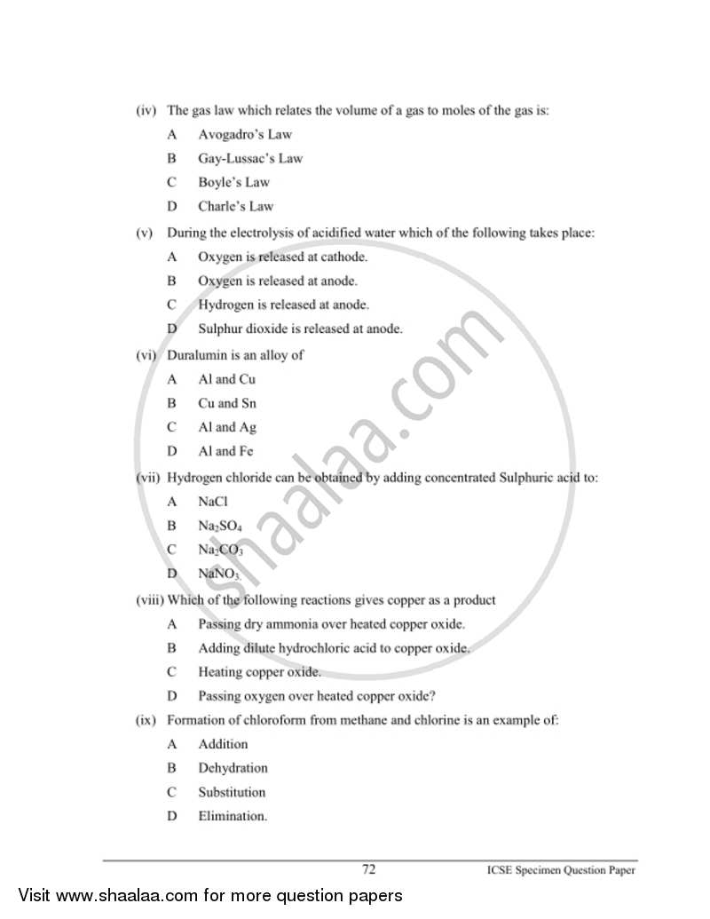 Chemistry English Medium Icse Class Set Specimen