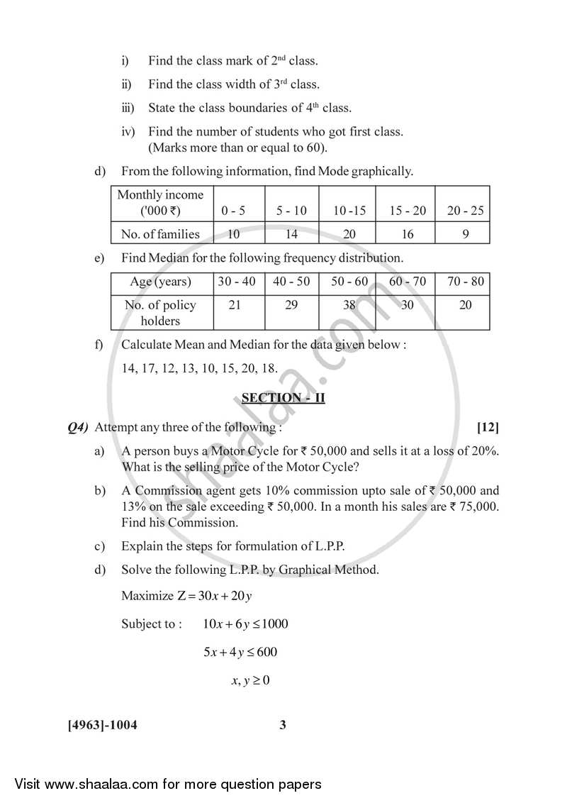 Business Mathematics And Statistics 2015 2016 Bachelor Of Commerce B