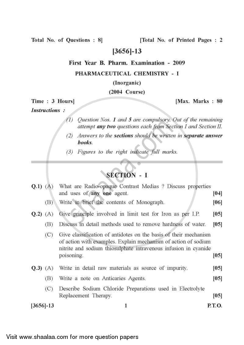 Pharmaceutical Inorganic Chemistry 2009 2010 Bachelor Of Pharmacy