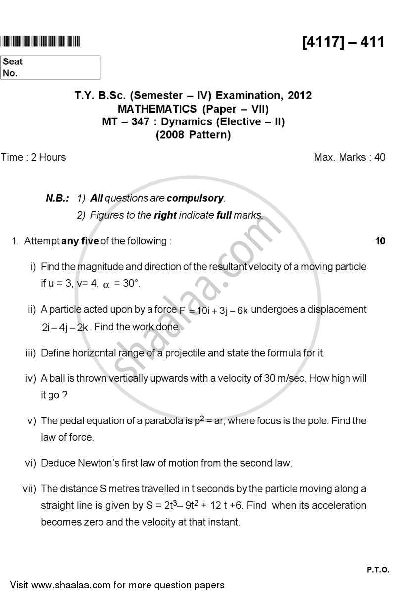 Dynamics B Sc Mathematics Semester Tybsc Question Paper