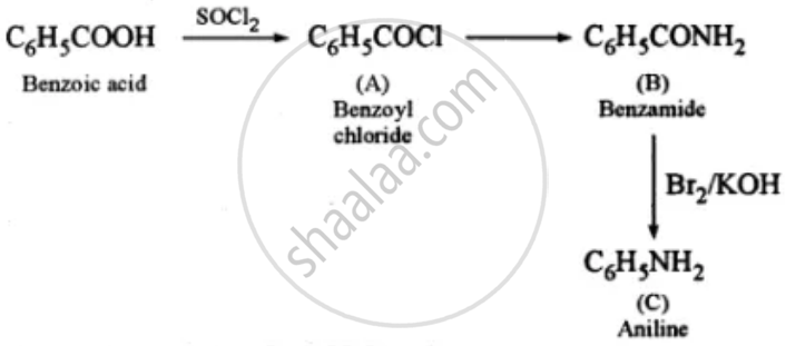 Identify the Compound A,B and C: C 6 H 5 C O O H S O C L 2 −−−→ a N H 3 ...