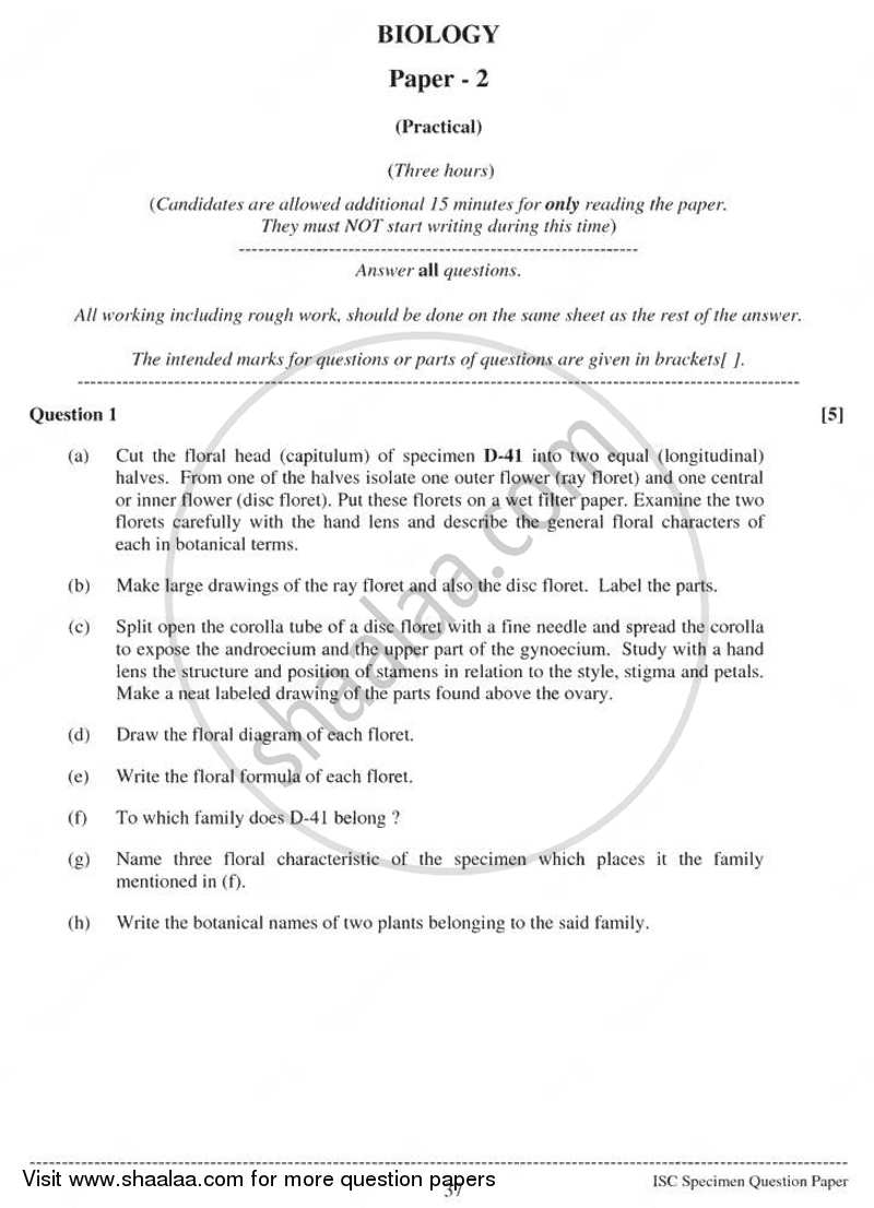 Biology Practical 2010 2011 ISC Arts Class 12 Question Paper With 