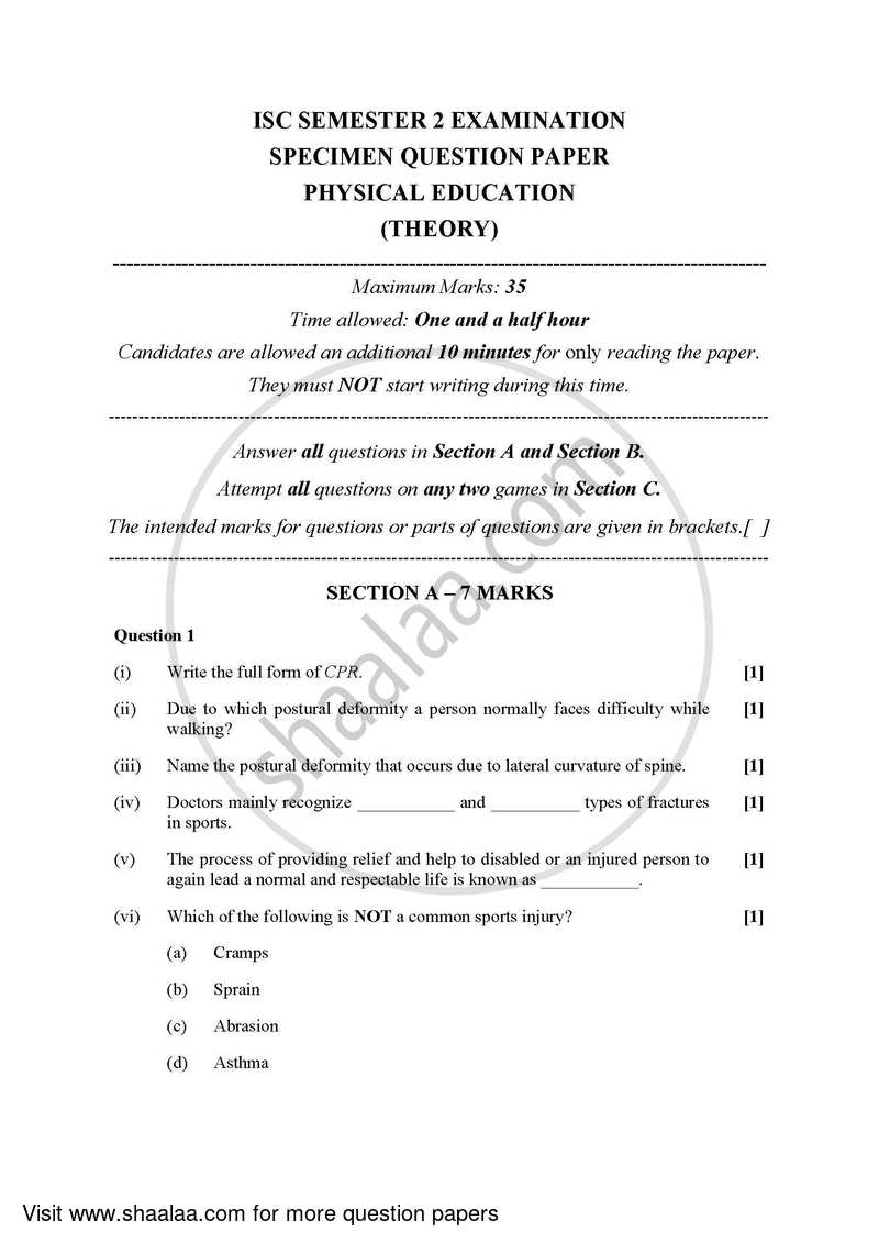 Physical Education Theory 2021 2022 Science Isc Class 12 Set 1