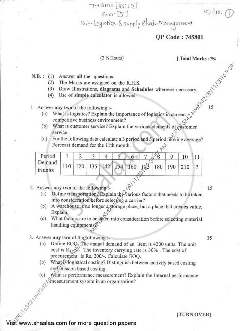 Question Paper Bachelor Of Management Studies BMS Semester 5 Logistics And Supply Chain 