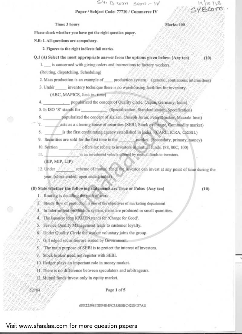 Commerce 4 2018-2019 B.Com (General) Semester 4 (SYBcom) Set 1 Question ...