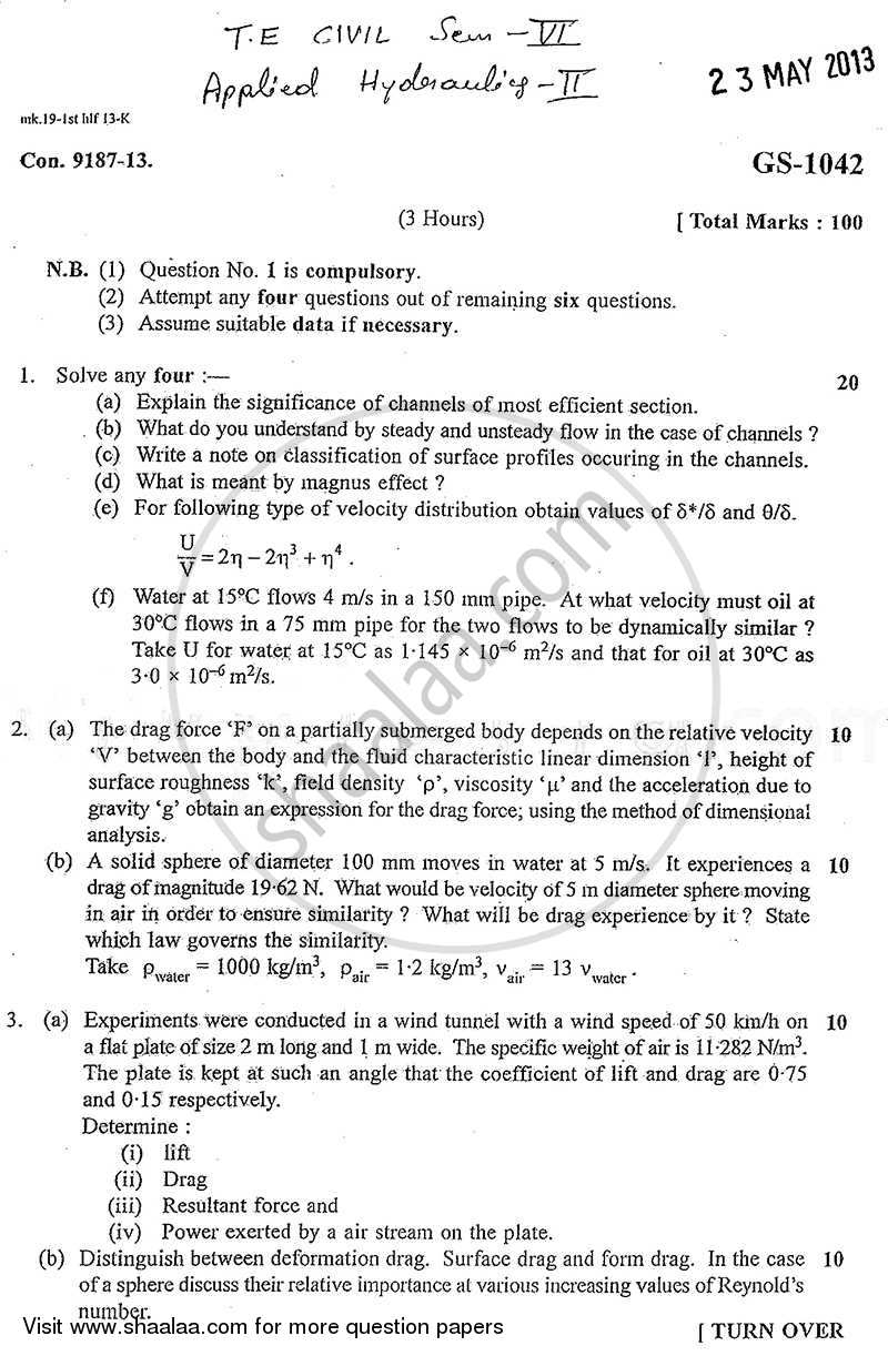 Applied Hydraulics 2 2012-2013 BE Civil Engineering Semester 6 (TE ...