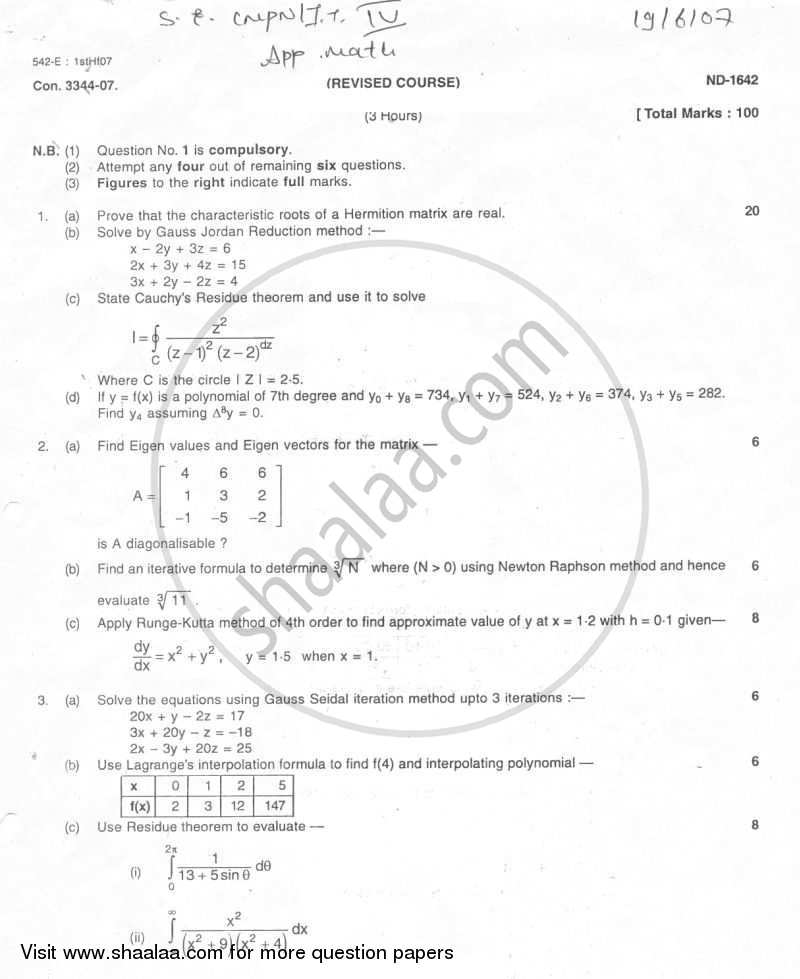 Computational Mathematics 2006-2007 BE Mechanical Engineering Semester ...