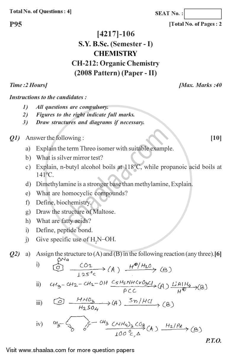 Organic Chemistry 2012 2013 B Sc Chemistry Semester 3 SYBSc Question 