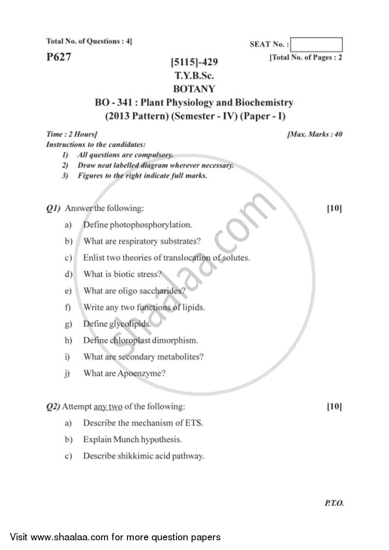 Plant Physiology And Biochemistry 2016 2017 B Sc Botany Semester 6